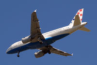 9A-CTG @ EGLL - Airbus A319-112 [0767] (Croatia Airlines) Home~G 08/06/2014. On approach 27R. 25 Years art work on the nose below the cockpit windows.
