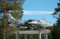 GN-104 @ EFJY - Folland Gnat F.1 of the Finnish Air Force displayed on a pedestal near the entrance to the Aviation Museum of Central Finland at Tikkakoski. - by Van Propeller