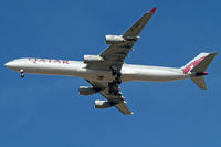 A7-AGC @ EGLL - Airbus A340-642 [766] (Qatar Airways) Home~G 16/03/2010. Earlier design on the underbelly. On approach 27R.