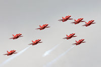 XX232 @ EGVA - Hawk T.1, Red Arrows, RAF Scampton Based, led by  Team Leader, Red 1, Squadron Leader David Montenegro, seen overflying the domestic site at RAF Fairford.