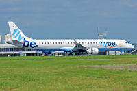 G-FBEM @ EGFF - EMBRAER 195, fLYBE, previously PT-SGN, callsign Jersey 2TB, landing on runway 12, out of Glasgow, note the open reverse thruster doors.