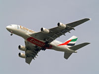 A6-EDE @ EGLL - Airbus A380-861 [017] (Emirates Airlines) Home~G 14/03/2014. On approach 27R. Expo 2020 titles on nose area. - by Ray Barber