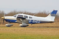 G-SHED @ EGFH - Cherokee Archer II, Gloucester Staverton based, previously N47411, G-BRAU, seen taxxing in. - by Derek Flewin