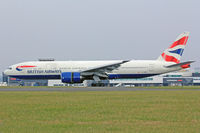G-YMMH @ EGFF - 777-236ER, British Airways London Heathrow based, callsign Speedbird 9171, seen arriving on runway 30 out of Heathrow, to BAMF,  note the open reverse thruster doors.