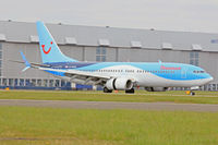 G-FDZS @ EGFF - 737-8K5, Thomson Airways, call sign Thomson 8AT, seen arriving on runway 12 out of Alicante,  note the open reverse thruster doors.