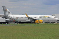 EC-MFK @ EGFF - A320-232, Vueling Airlines, callsign Vueling 12AV, previously F-WWBY, seen arriving on runway 12 out of Alicante,  note the open reverse thruster doors.