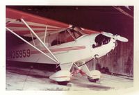 N35959 - This clipped wing Piper Cub is shown in Frank Sadler's hangar, Clover, VA, in 1950s. Frank was a crop sprayer, but flew airshows in this plane. His grass field no longer exists. - by hilltopkid