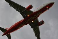 OE-LEN @ LOWG - Air Berlin A320 from below while landing on a stormy afternoon - by Paul H