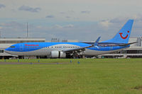 G-FDZZ @ EGFF - 737-8K5, Thomson Airways, callsign Thomson 39T, previously G-FDZZ, C-FHZZ, landing on runway 30 out of Ibiza, note the open reverse thruster doors.