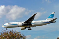 9K-AOA @ EGLL - Boeing 777-269ER [28743] (Kuwait Airways) Heathrow~G 07/09/2005. Wears special Anniversary titles on the rear fuselage. On finals 27L. - by Ray Barber
