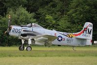 F-AZDP @ LFFQ - Douglas AD-4NA Skyraider, Landing rwy 28, La Ferté-Alais airfield (LFFQ) Air show 2015 - by Yves-Q