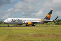D-ABUD @ FIMP - Flight No. DE2315 lined up on rwy 14 at Plaisance for departure to Frankfurt. - by Arjun Sarup