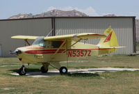 N5357Z @ KRIR - Locally-based 1961 Piper PA-22-108 @ iconic Flabob Airport, Riverside, CA with Mt. Rubidoux peeking over the hangar (was 102F day on the tarmac) - by Steve Nation