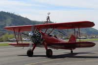 N68405 @ SZP - 1943 Boeing Stearman A75N1(PT-17), Pratt & Whitney R-985 radial 450 Hp upgrade conversion from original Continental 220 Hp radial, Restricted class, Washington state visitor will be photographed in flight today by N67TV, taxi - by Doug Robertson