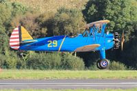 F-AZCK @ LFRU - Boeing A75N1, Landing rwy 23, Morlaix-Ploujean airport (LFRU-MXN) air show 2017 - by Yves-Q