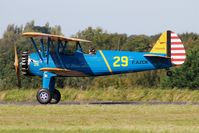 F-AZCK @ LFRU - Boeing A75N1, Take off rwy 23, Morlaix-Ploujean airport (LFRU-MXN) air show 2017 - by Yves-Q