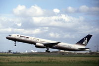 PH-AHK @ EHAM - Air Holland Boeing 757-23A, at the time leased to Britannia Airways, taking off from Schiphol airport, the Netherlands, 1990 - by Van Propeller