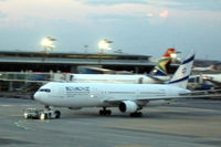 4X-EAL @ FAJS - Seen from Terminal A at JNB in fading light (sorry!) around 7:30pm on 25 Jan 2018.  Aircraft under tow to the departure gate