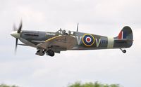 G-IBSY @ EGFH - Visiting Spitfire carrying the s/n EE602 and RAF squadron code DV-V departing Runway 22 to display on day 1 at WAS2019. - by Roger Winser