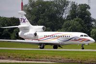 F-WFBW @ LFPB - Front Stbd view of First-Built Dassault Falcon 7X F-WFBW rolling out on Rwy 03 at LBG/LFPB on Friday 24Jun2011. Note that the thrust reverser on No 2 Engine is open. Photo taken at the 49th Salon International - Paris Air Show at Le Bourget. - by Walnaus47