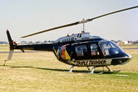 VH-BJG @ YMMB - Jayrow Helicopters Bell 206A JetRanger VH-BJG Cn 2345 at Moorabbin YMMB Victoria in late Dec 1980. The B206A (on low skid gear) has a Logo on the cabin promoting Melbourne’s Radio Station ‘Triple Thunder FM105’ (Later on frequency FM 92). Low res photo. - by Walnaus47