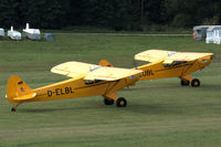 D-ELBL @ EDST - Piper PA-18-135 Super Cub on runway of Hahnweide airfield, Germany. OTT 2019. Both D-ELBL and D-EUBL are part of the Bravo Lima Formation display team