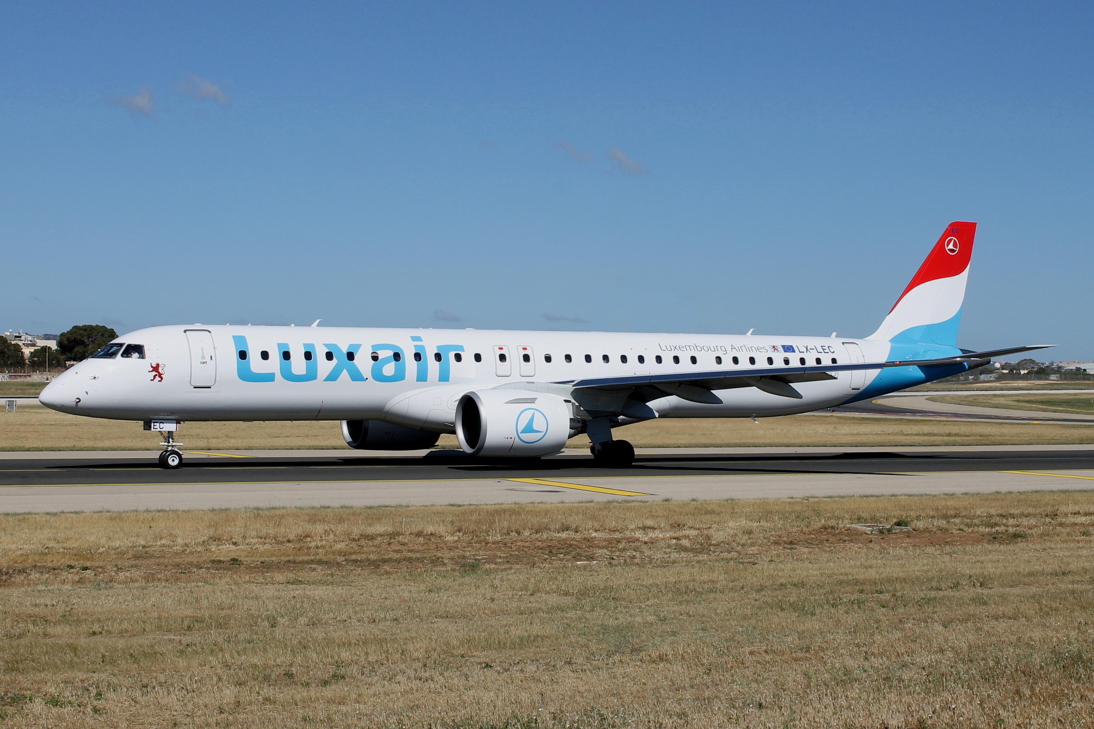 LX-LEC @ LMML - Embraer E195-E2 reg LX-LEC of Luxair taxiing out for departure from Malta. - by raymond