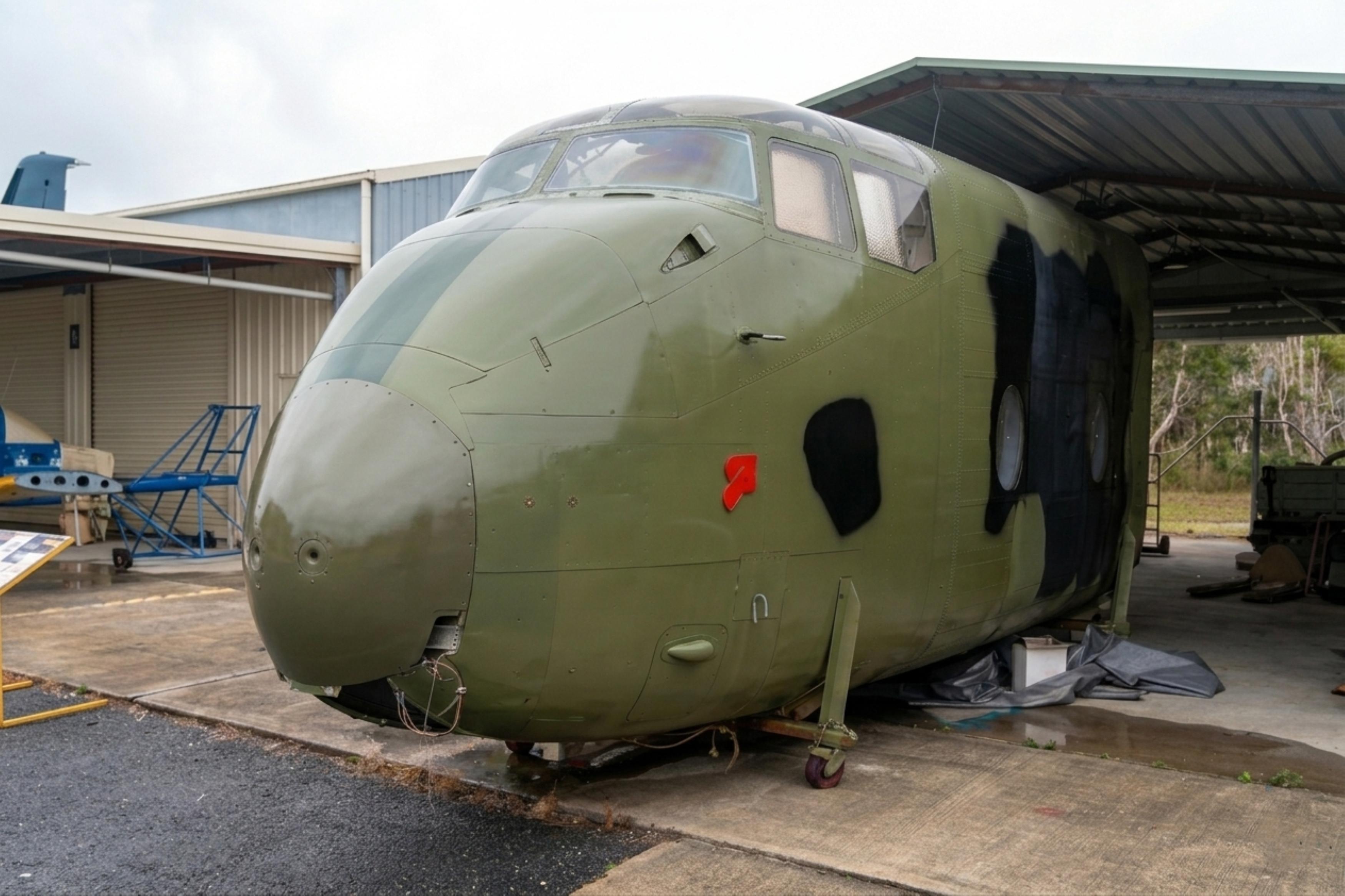 A4-159 @ YCDR - A4-159 1964 DHC 4 Caribou forward fuselage only QAM Caloundra (2).JPG - by PhilR