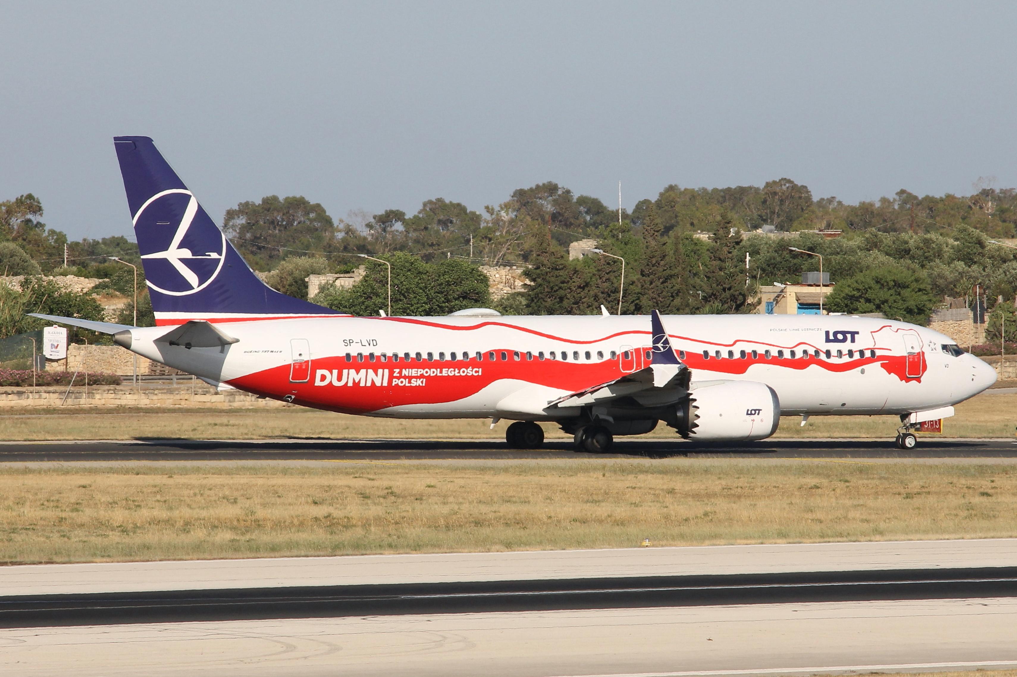 SP-LVD @ LMML - Boeing 737-8200 MAX reg SP-LVD (Independence Livery) of LOT Polish Airlines taxiing out for departure from Malta to Warsaw. - by raymond