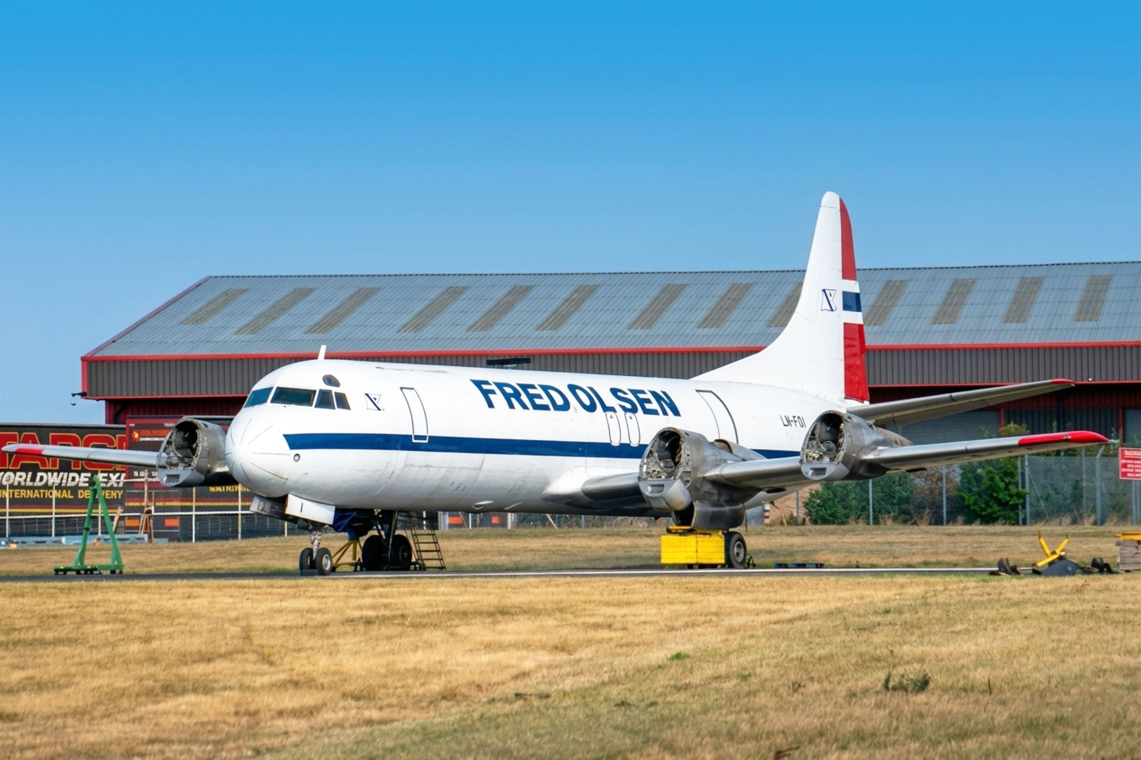 LN-FOI @ EGBE - LN-FOI (N9427C, ZK-BMP, ZK-TEA, N31231) 1959 Lockheed L-188C Electra Fred Olsen Coventry  - by PhilR