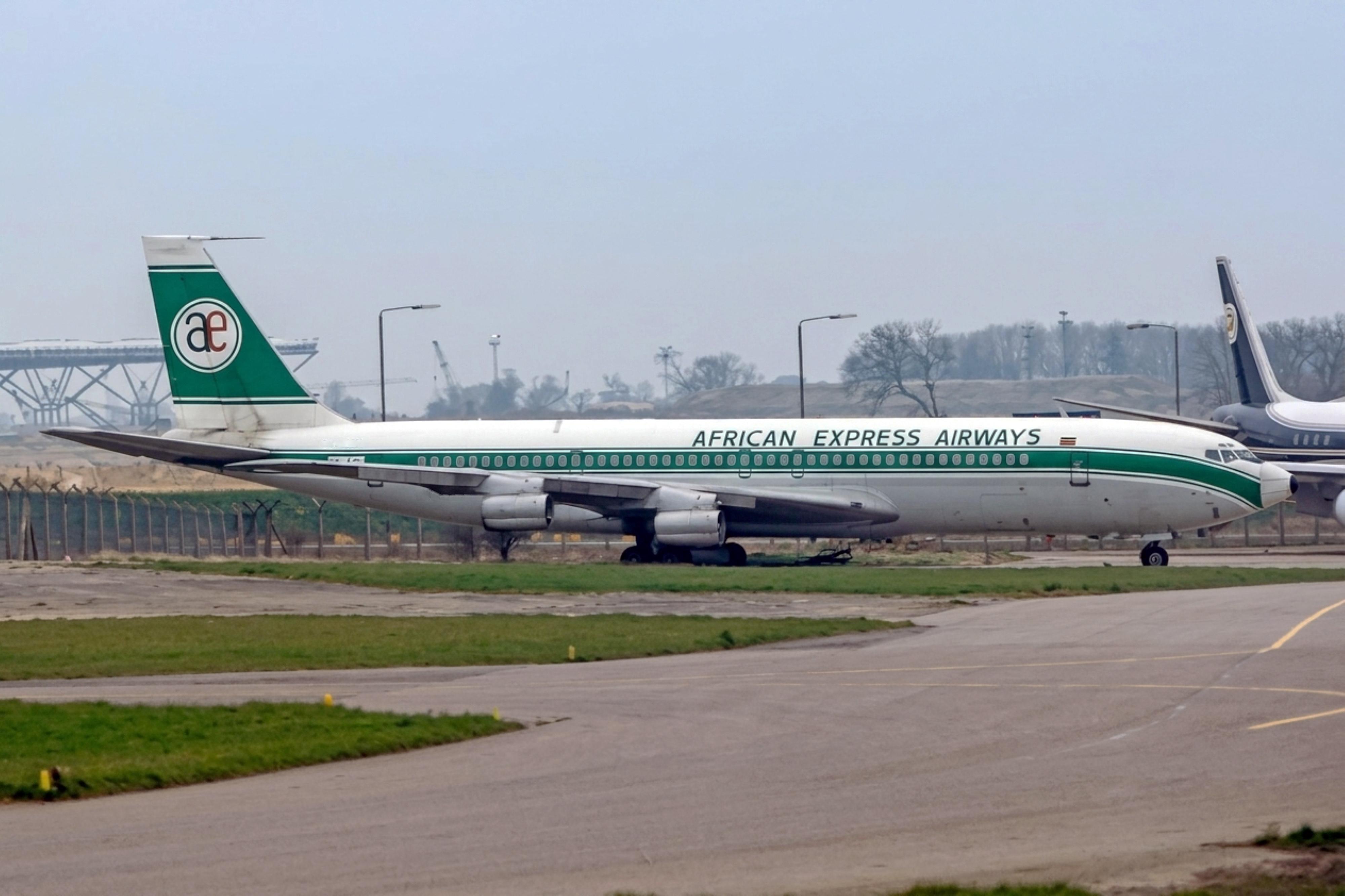 5Y-AXC @ EGSS - 5Y-AXC 1964 B707-351C African Express Airways STN 
 - by PhilR