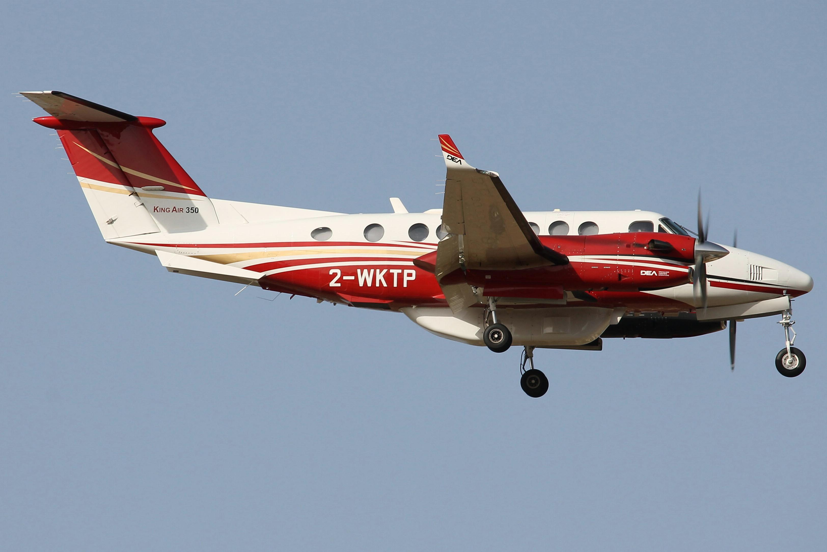 Aircraft 2-WKTP, Raytheon Aircraft Company B350 reg 2-WKTP of DEA Aviation on final approach for RW31 Malta, returning home after a FRONTEX mission over the Mediterranean Sea., at LMML, photo by raymond