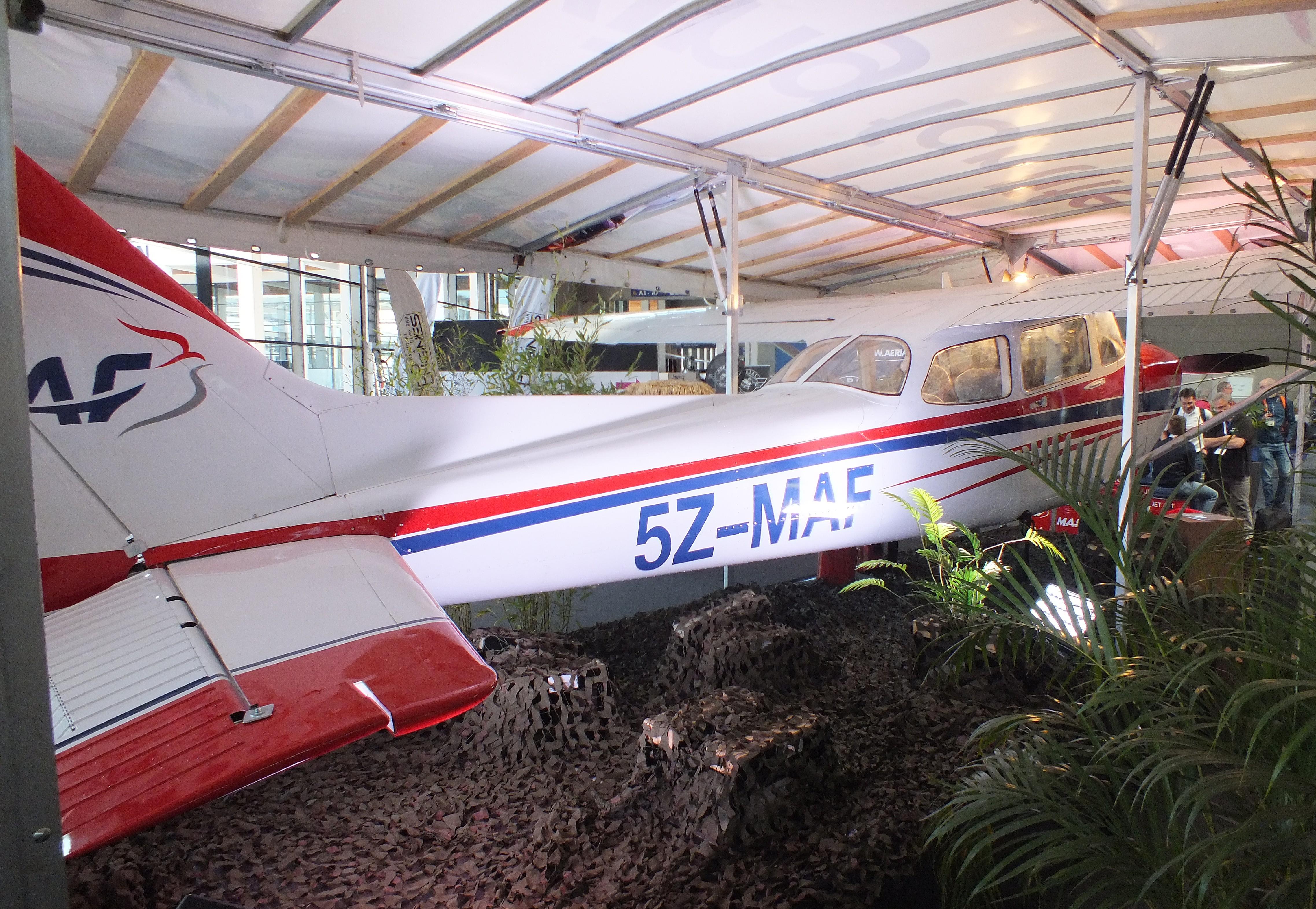 Aircraft HB-CHX, Cessna (Reims) F172P (minus main landing gear), displayed by MAF (Mission Aviation Fellowship) with fantasy registration '5Z-MAF' at the AERO 2026, Friedrichshafen, photo by iwarnecke