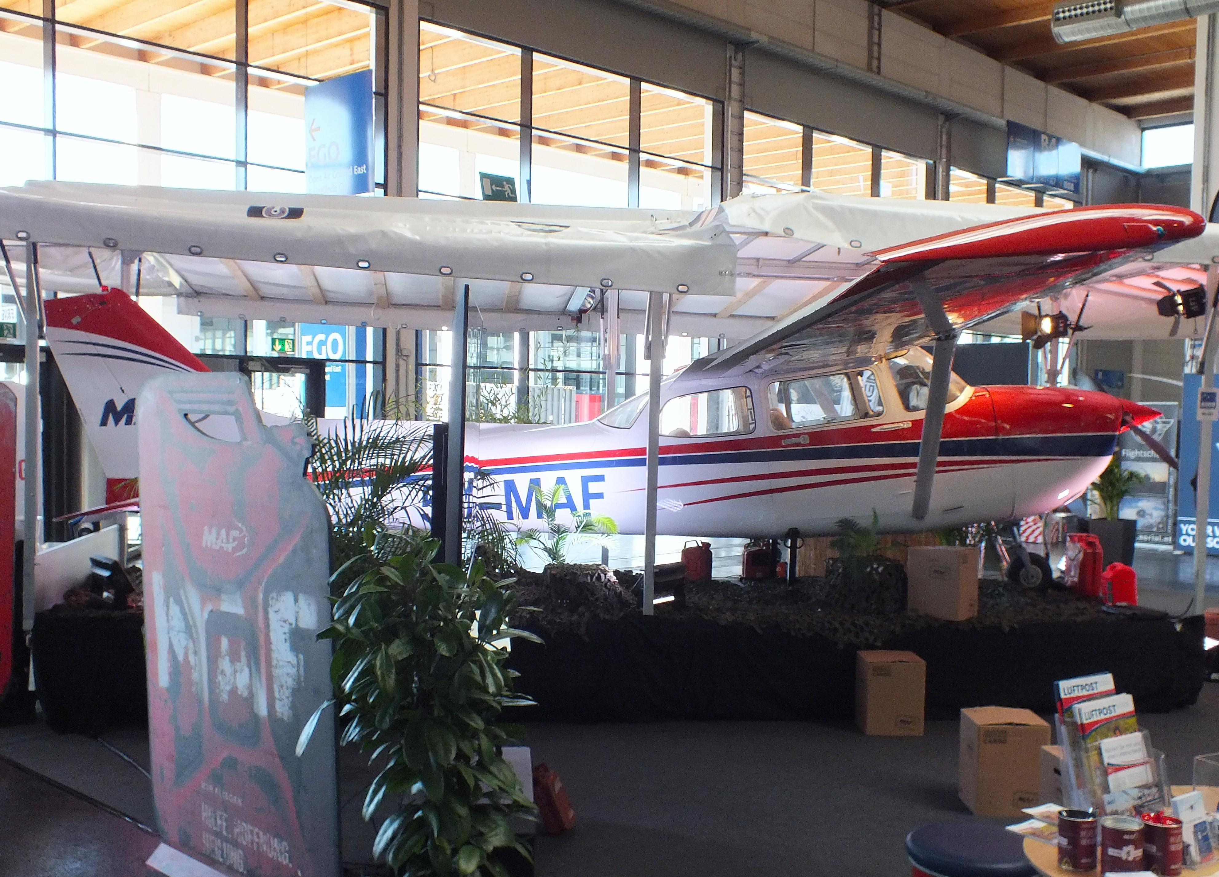 Aircraft HB-CHX, Cessna (Reims) F172P (minus main landing gear), displayed by MAF (Mission Aviation Fellowship) with fantasy registration '5Z-MAF' at the AERO 2026, Friedrichshafen, photo by iwarnecke