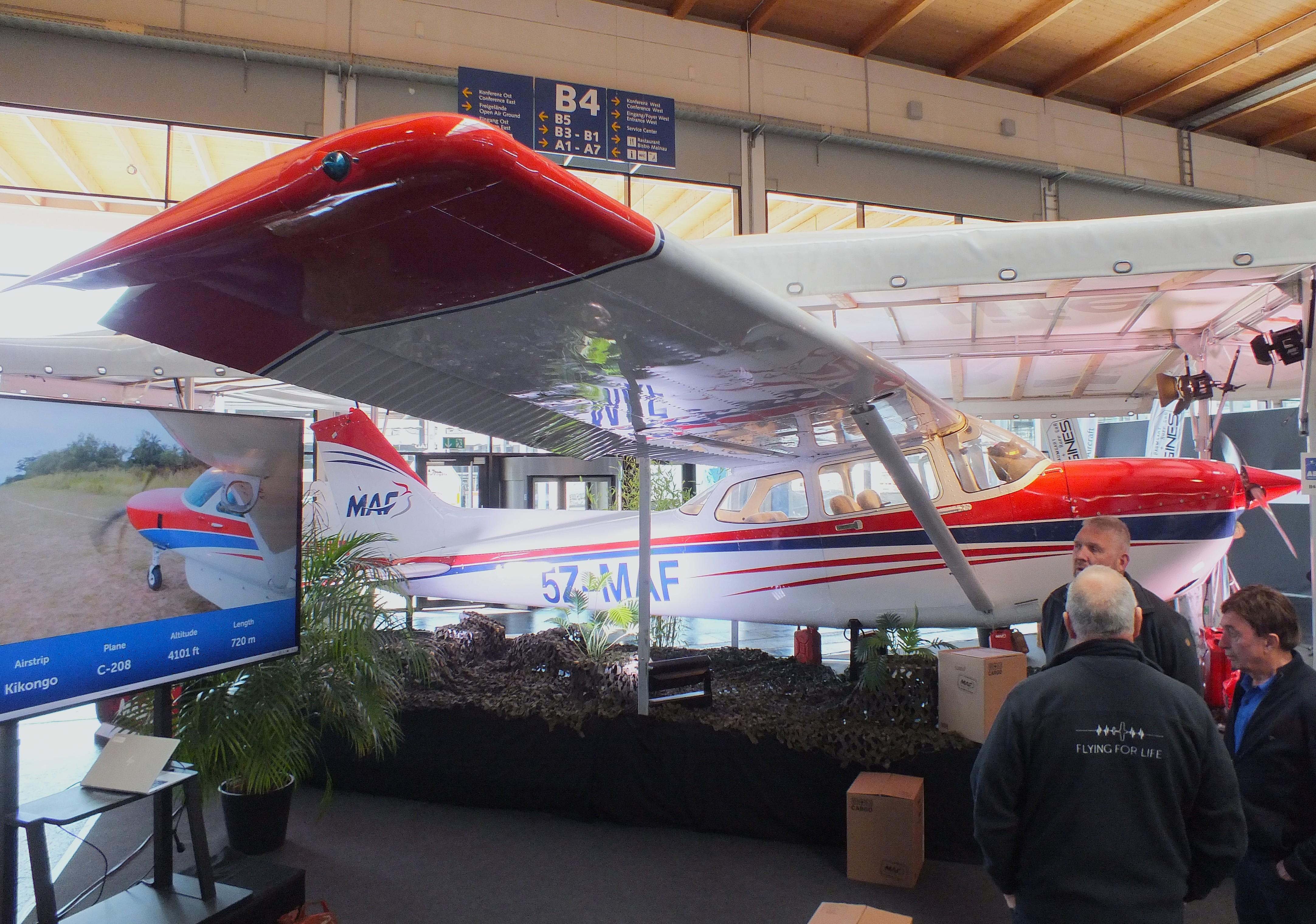 Aircraft HB-CHX, Cessna (Reims) F172P (minus main landing gear), displayed by MAF (Mission Aviation Fellowship) with fantasy registration '5Z-MAF' at the AERO 2026, Friedrichshafen, photo by iwarnecke
