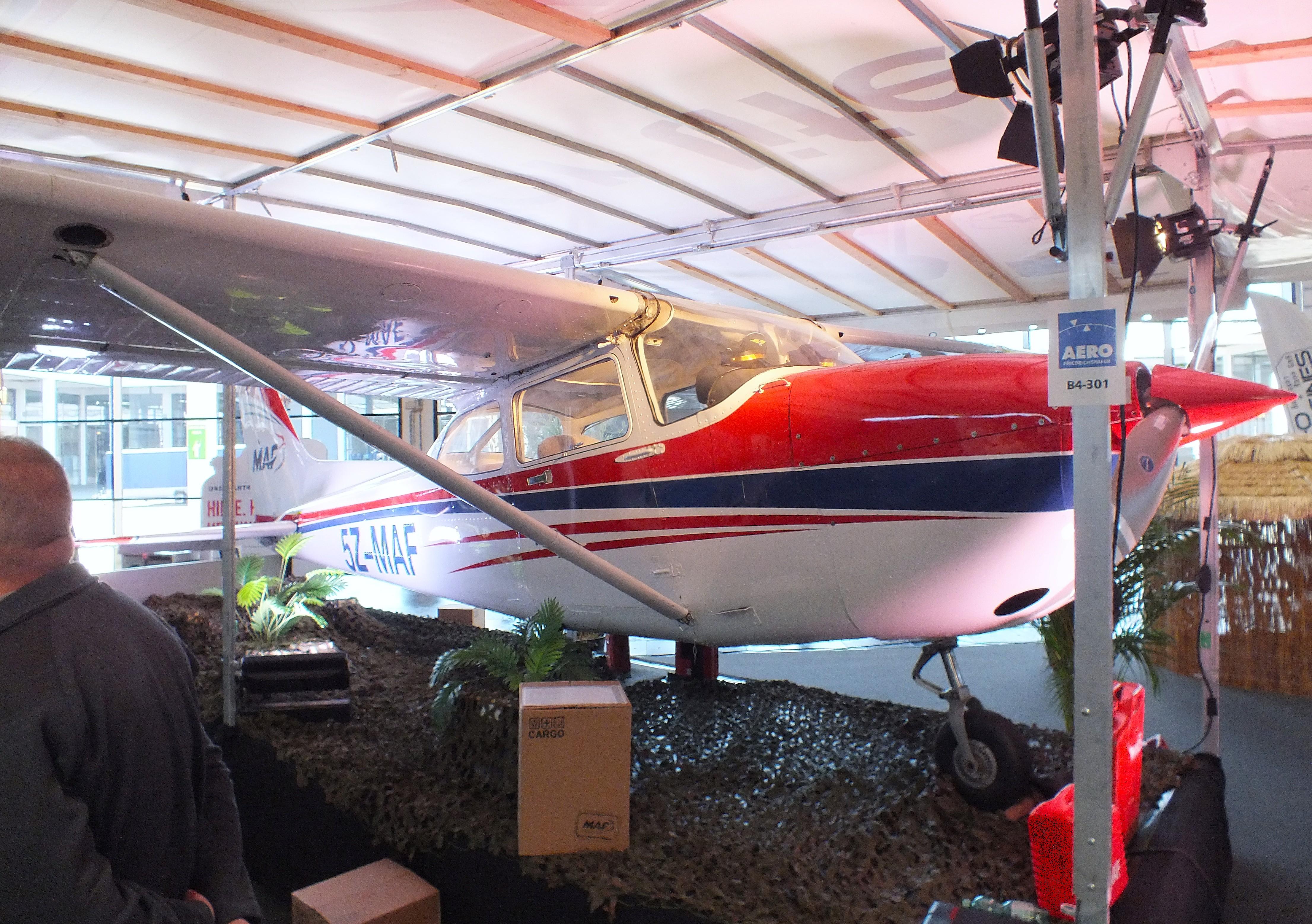Aircraft HB-CHX, Cessna (Reims) F172P (minus main landing gear), displayed by MAF (Mission Aviation Fellowship) with fantasy registration '5Z-MAF' at the AERO 2026, Friedrichshafen, photo by iwarnecke