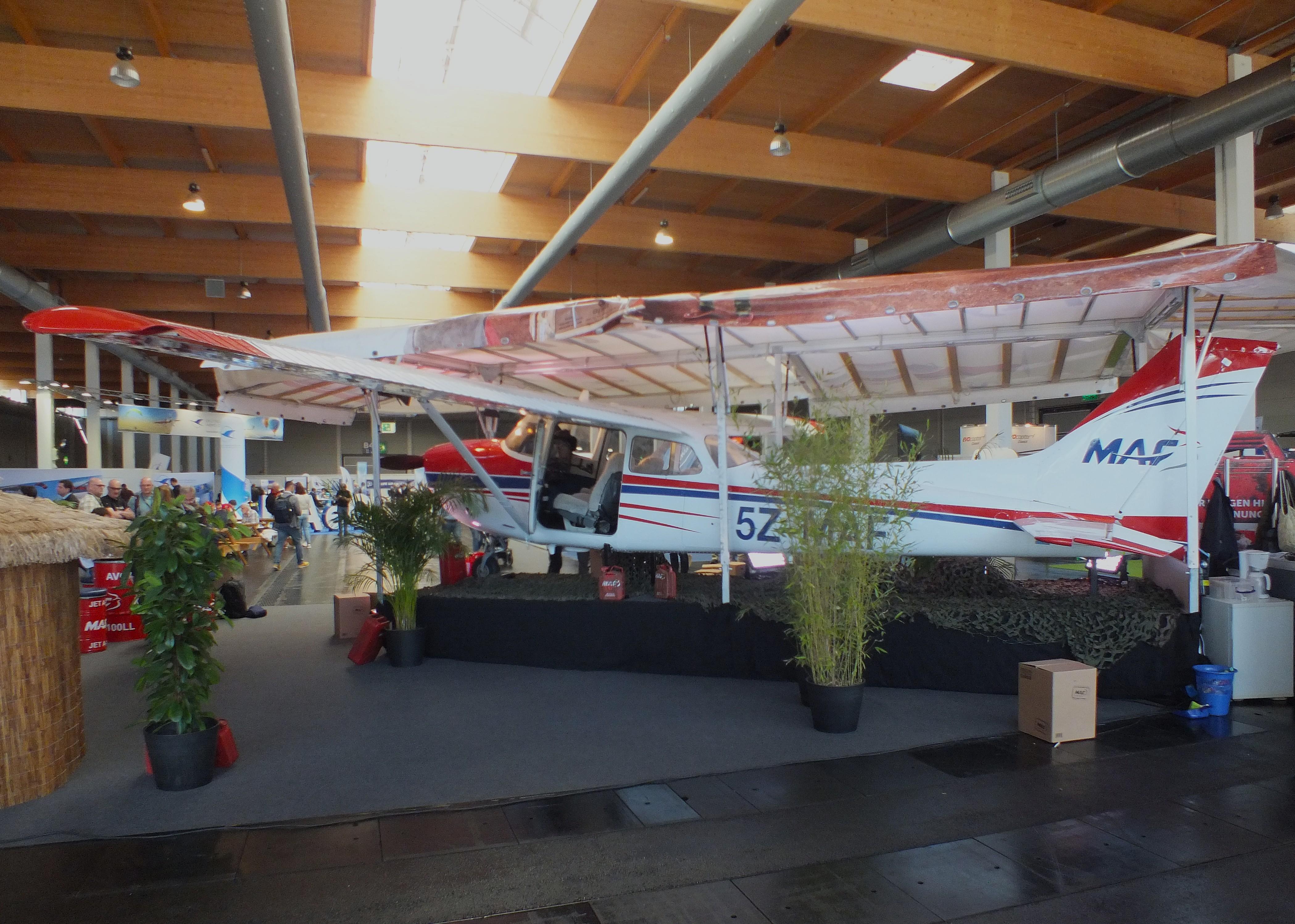 Aircraft HB-CHX, Cessna (Reims) F172P (minus main landing gear), displayed by MAF (Mission Aviation Fellowship) with fantasy registration '5Z-MAF' at the AERO 2026, Friedrichshafen, photo by iwarnecke