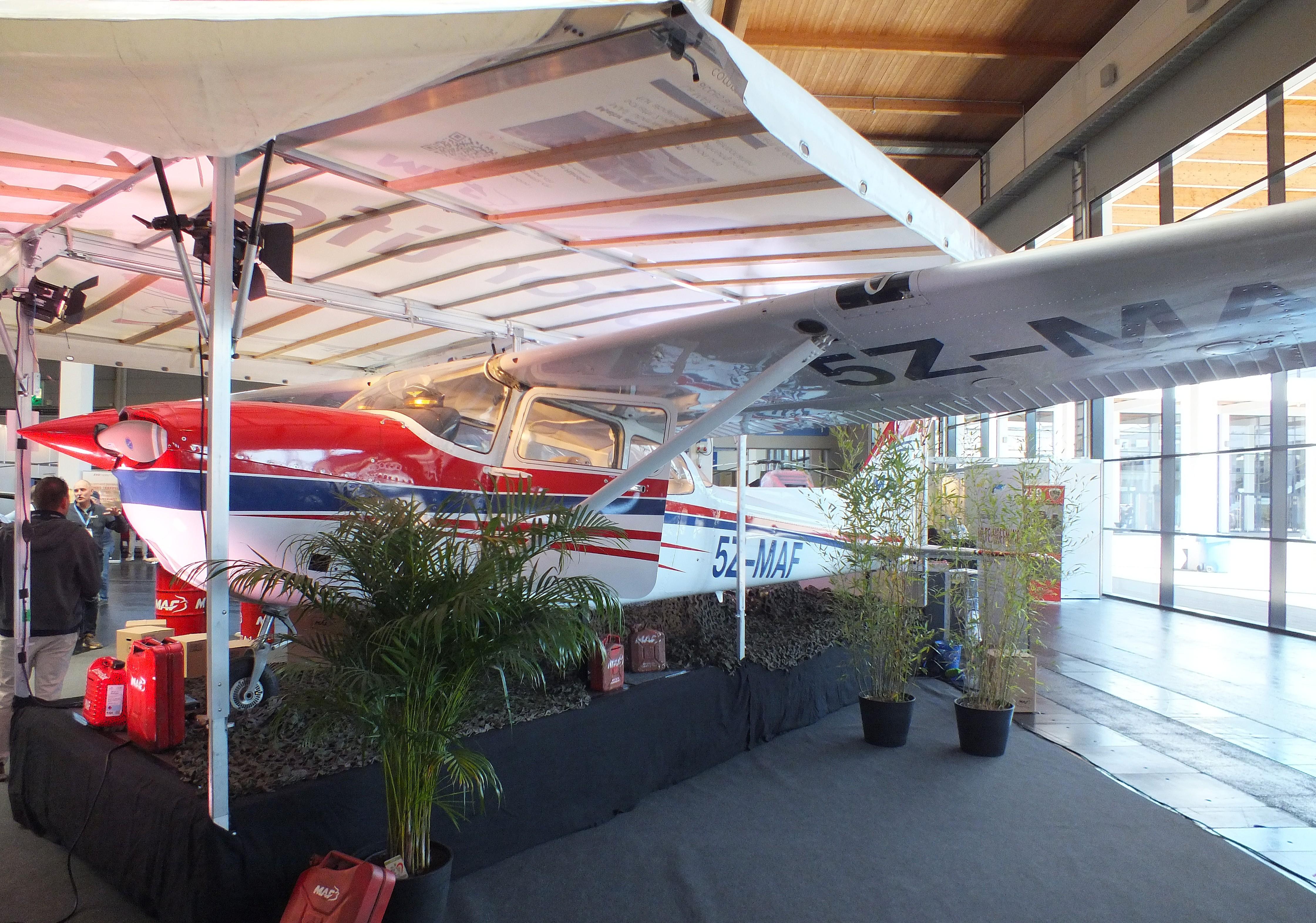 Aircraft HB-CHX, Cessna (Reims) F172P (minus main landing gear), displayed by MAF (Mission Aviation Fellowship) with fantasy registration '5Z-MAF' at the AERO 2026, Friedrichshafen, photo by iwarnecke