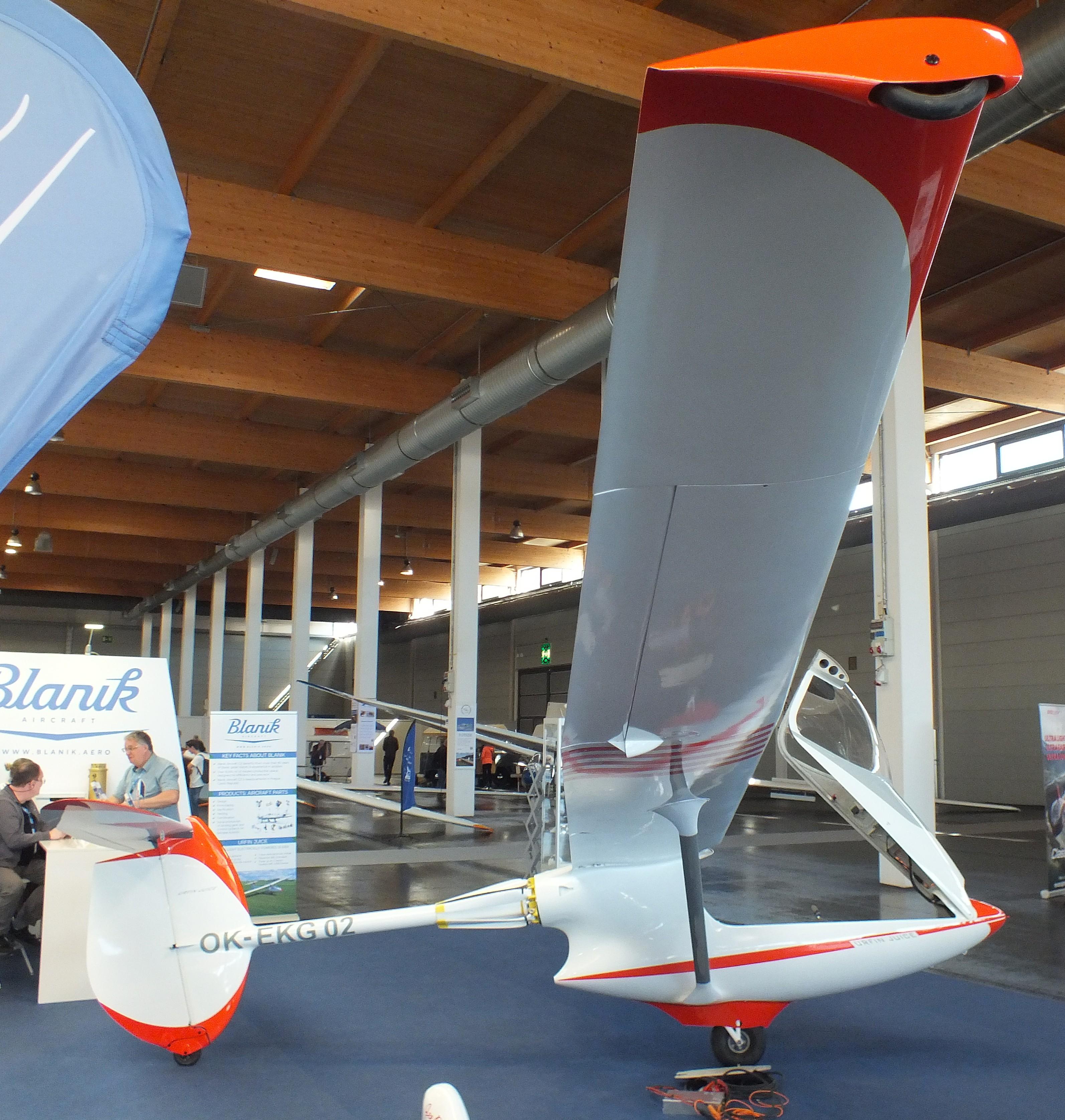 Aircraft OK-EKG02, Blanik Aircraft Urfin Juice first prototype with electric motor at the AERO 2026, Friedrichshafen, at EDNY, photo by iwarnecke