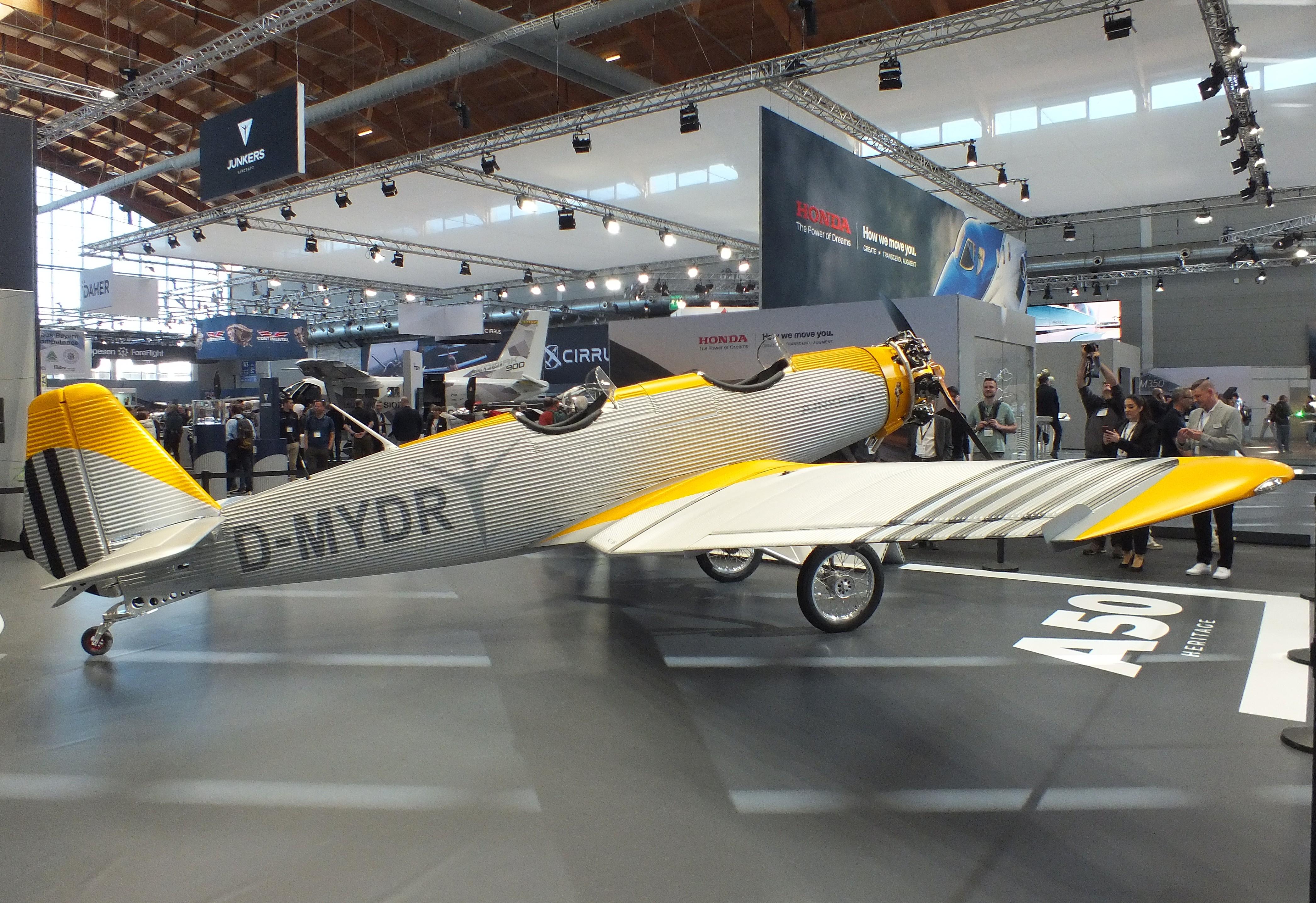 Aircraft D-MYDR, Junkers Flugzeugwerke A 50 ci Junior Heritage replica at the AERO 2026, Friedrichshafen, at EDNY, photo by iwarnecke