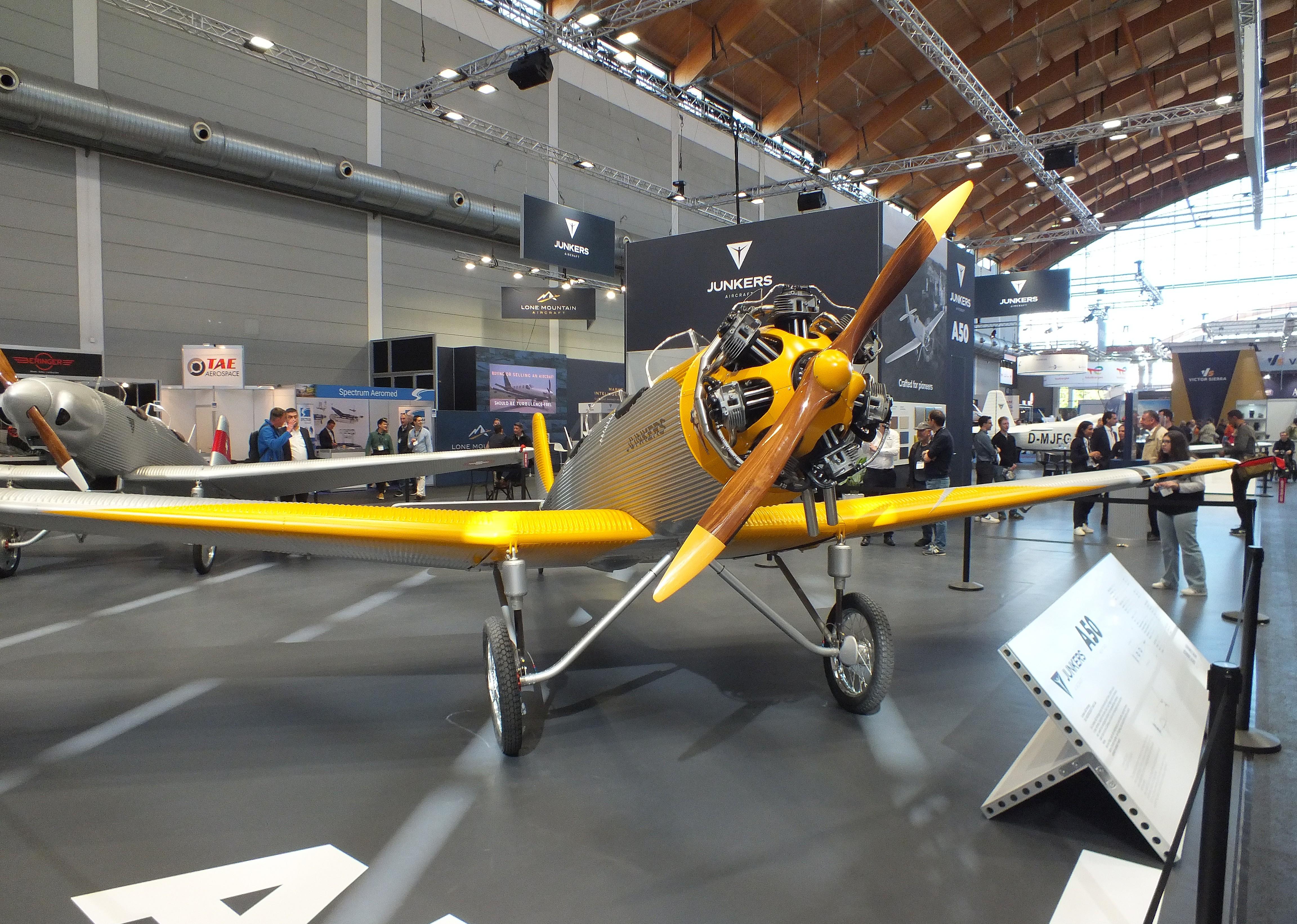 Aircraft D-MYDR, Junkers Flugzeugwerke A 50 ci Junior Heritage replica at the AERO 2026, Friedrichshafen, at EDNY, photo by iwarnecke
