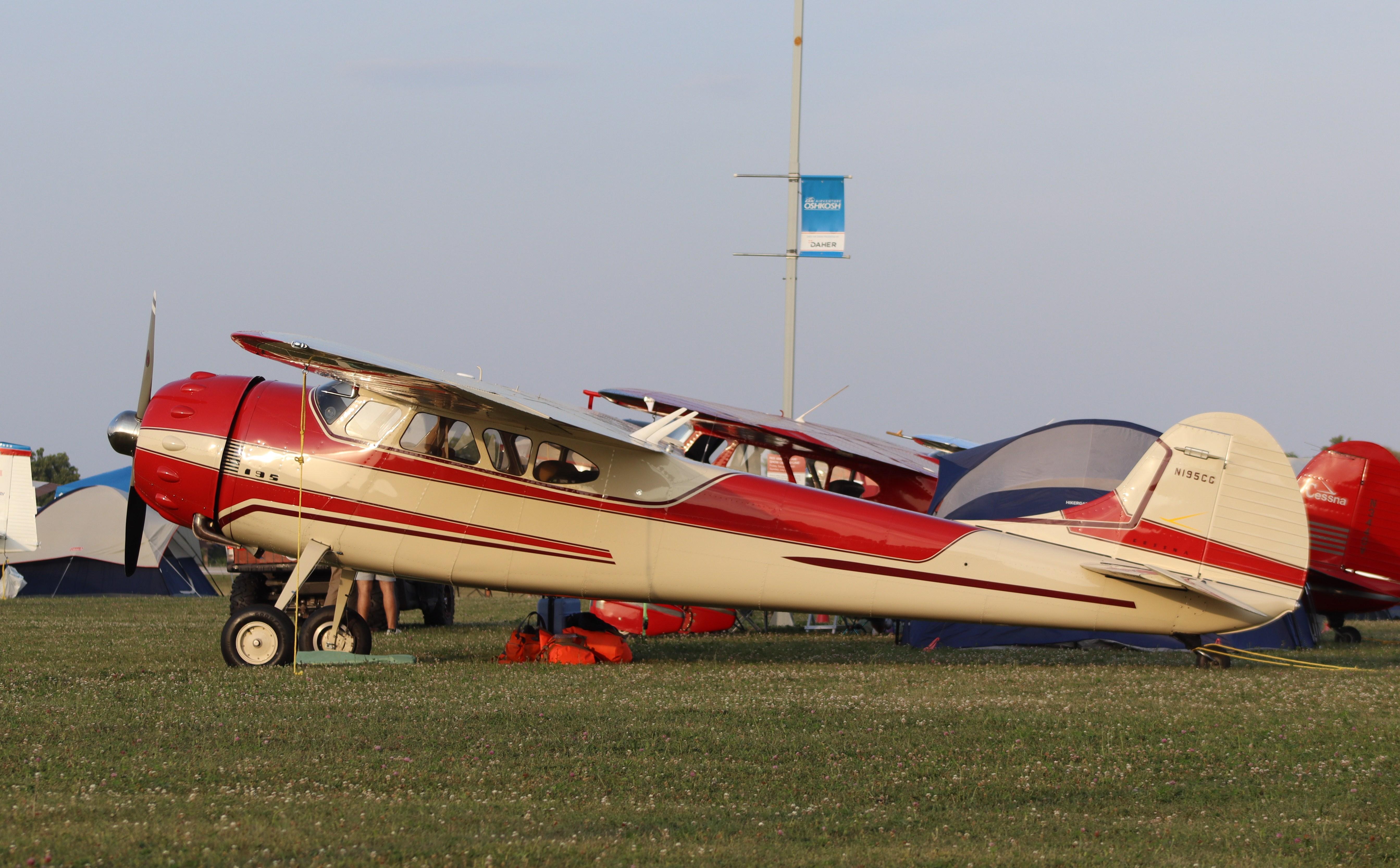 Aircraft N195CG, Cessna 195, at KOSH, photo by MarkPasqualino