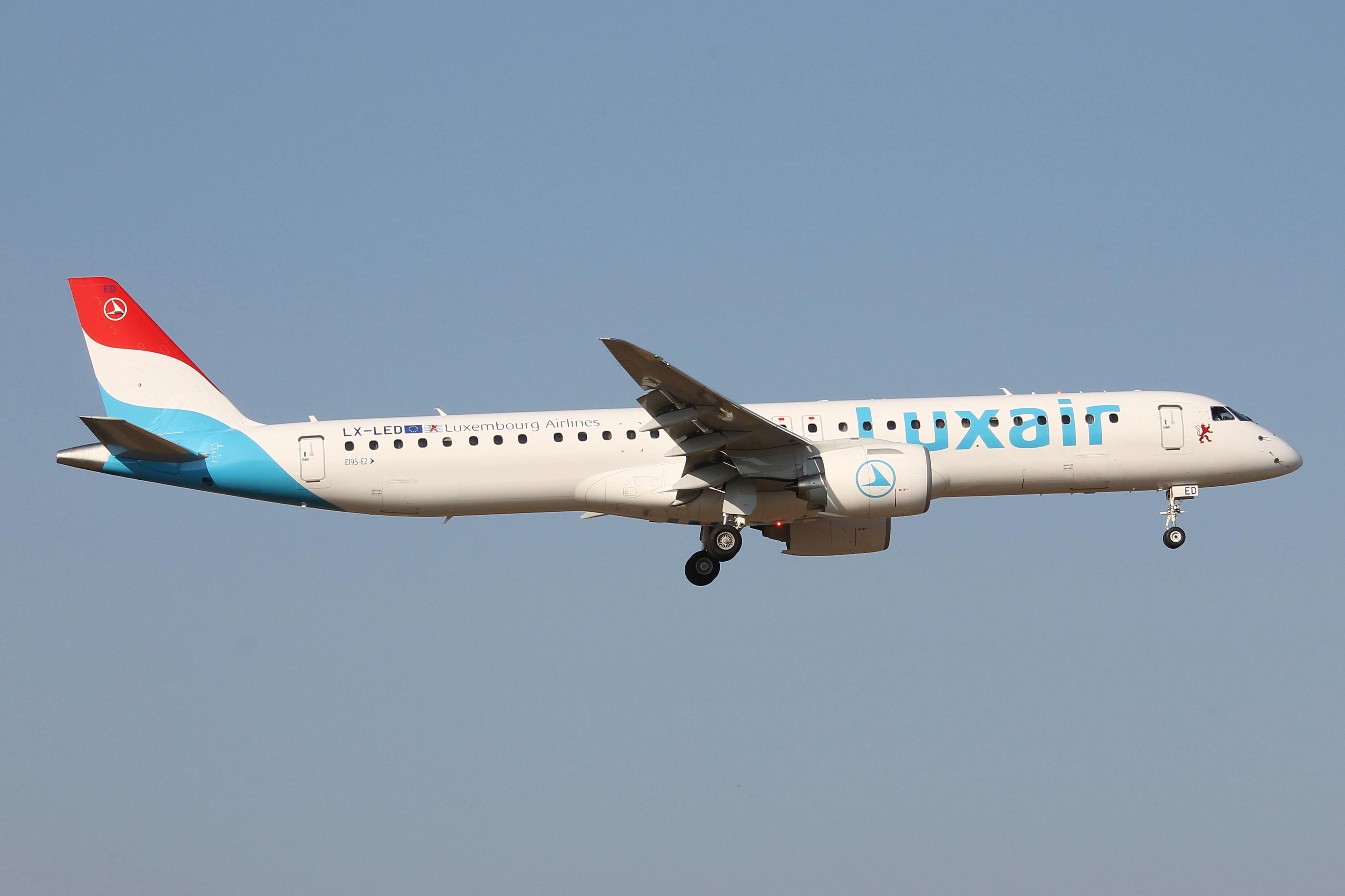 Aircraft LX-LED, Embraer E195-E2 reg LX-LED of Luxair on final approach for RW31 landing in Malta., at LMML, photo by raymond