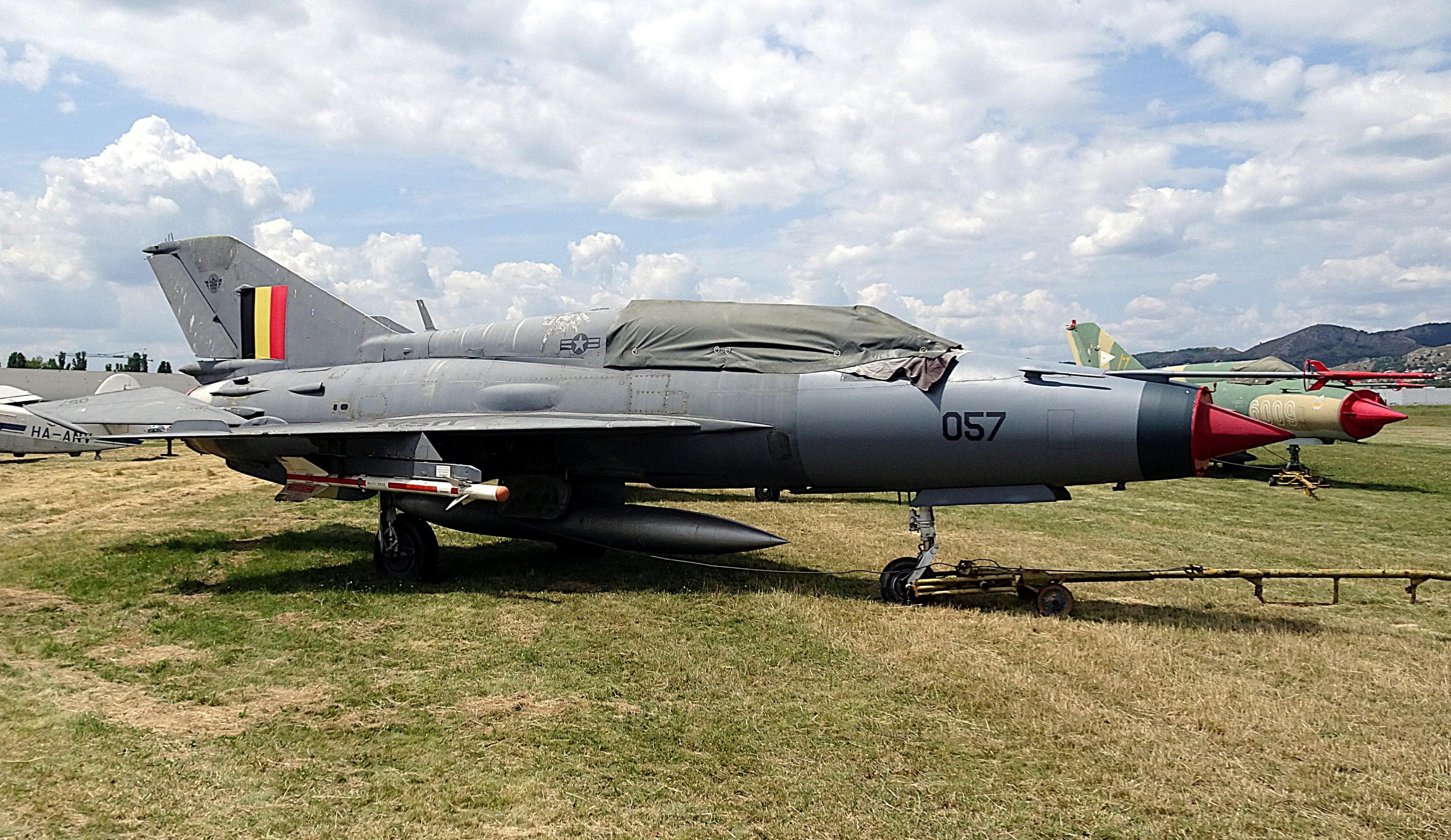 Aircraft 5081, Ex-Hungarian Air Force MiG-21UM with a fake Belgian flag on the tail and fake USAF-number (from recent filming work) at a private collection at Budaörs near Budapest, Hungary, at LHBS, photo by ReinhardJost