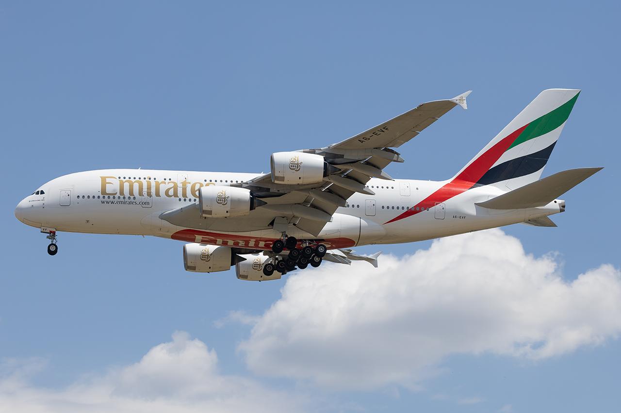 Aircraft A6-EVF, Emirates A380, at LOWW, photo by Andy Graf