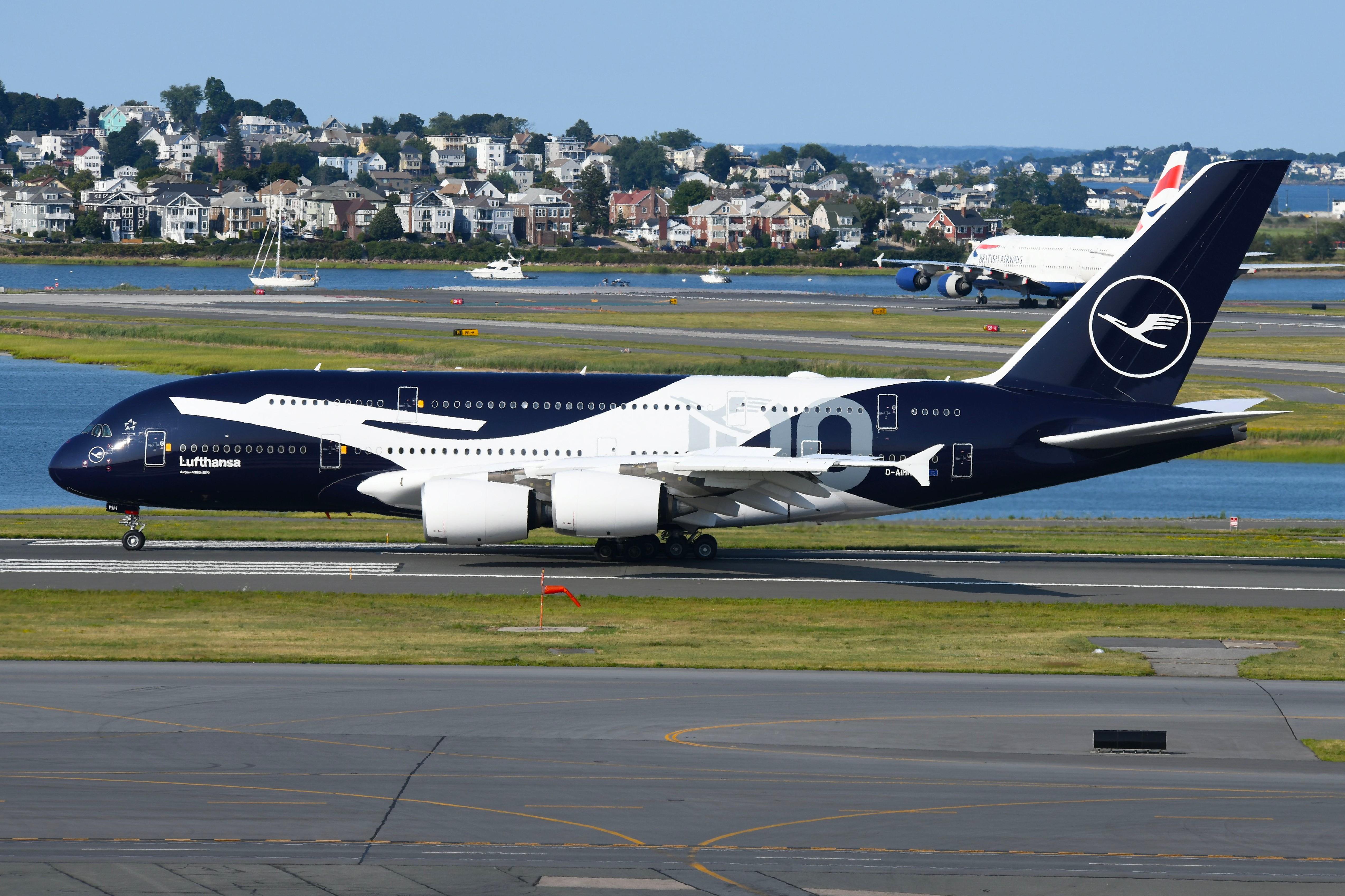 Aircraft D-AIMH, Lufthansa A388 in special 100th livery, at KBOS, photo by FerryPNL