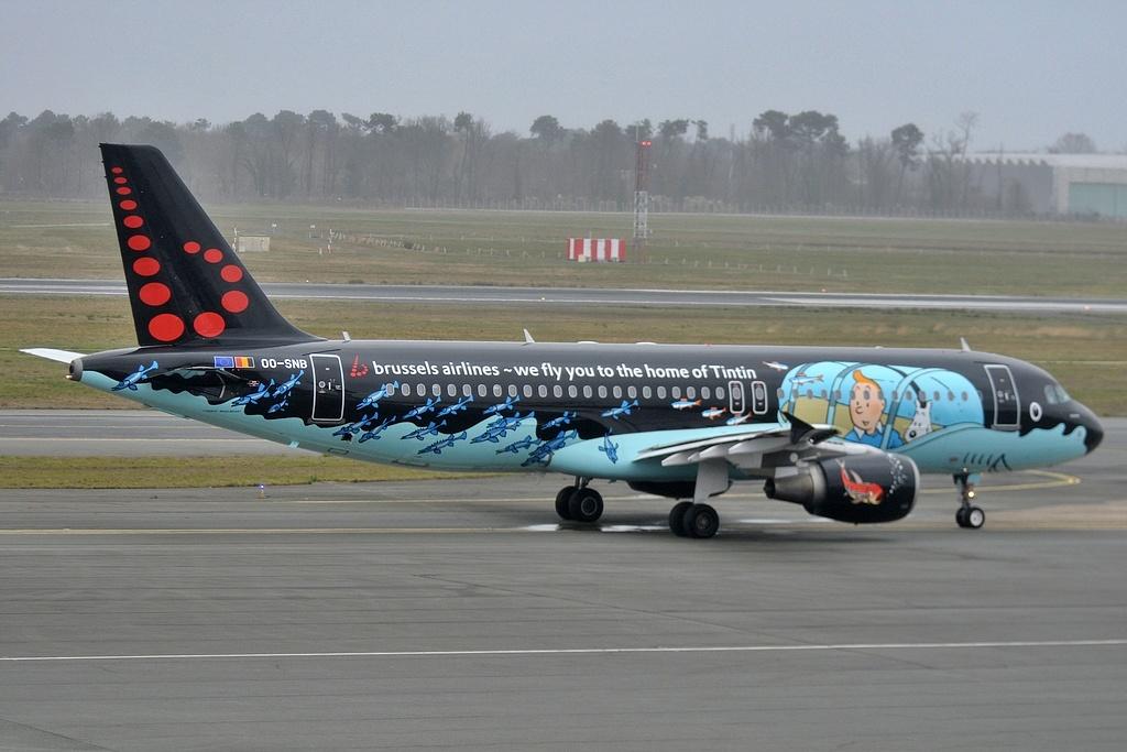 Aircraft OO-SNB, painted in "Belgian Icons - Tintin" special colours 03-2015, at LFBD, photo by Jean Christophe Ravon / FRENCHSKY