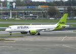 Aircraft YL-ABJ, Airbus A220-300 of airBaltic at Amsterdam Schiphol airport, at EHAM, photo by iwarnecke