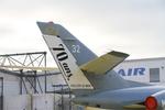 Aircraft 32, Falcon 10 MER, Tail close up view, Morlaix-Ploujean airport (LFRU-MXN), at LFRU, photo by Yves-Q