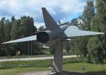 Aircraft DK-201, SAAB 35S Draken at the intersection leading to the Hallinportti Ilmailumuseo (Halli Aviation Museum), Halli-Kuorevesi, photo by iwarnecke